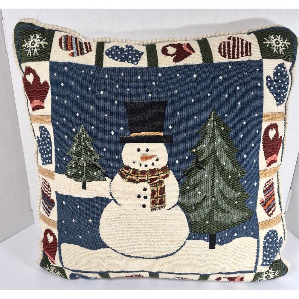 Tapestry-Style Christmas Snowman Decorative Throw Pillow 16" x 16"